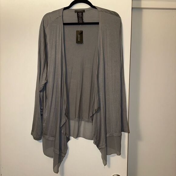 Design History XXL Open Front LS Cardigan Lightweight Satin Trim Solid Gray NWT - Picture 1 of 11